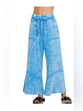 Zenana Outfitters Light Blue Acid Wash Drawstring Pants